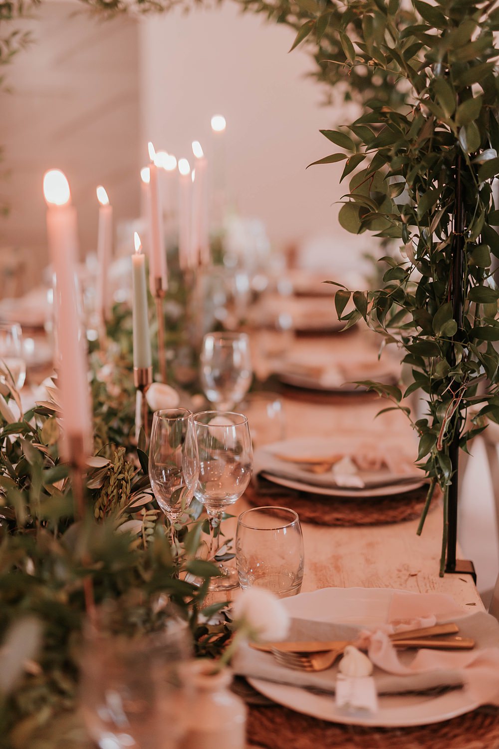 Table Tablescape Decor Greenery Runner Foliage Arch Candles Rustic The Hall Barns Wedding Prestwold Sophie Mort Photography
