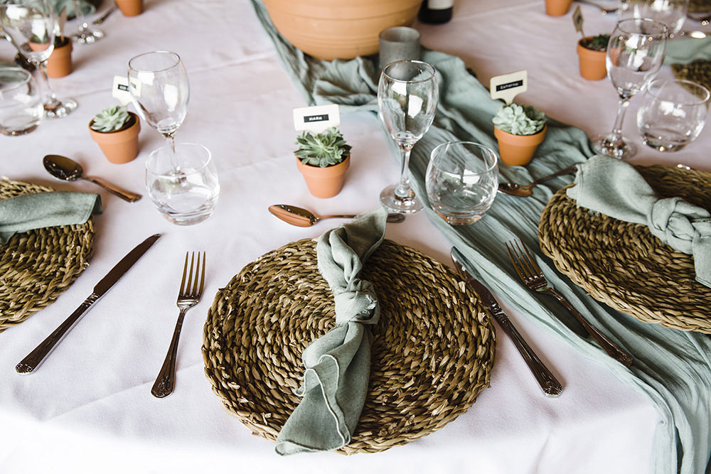Place Setting Decor Rattan Place Mat Green Napkin Tiki Wedding AW Wedding Photography