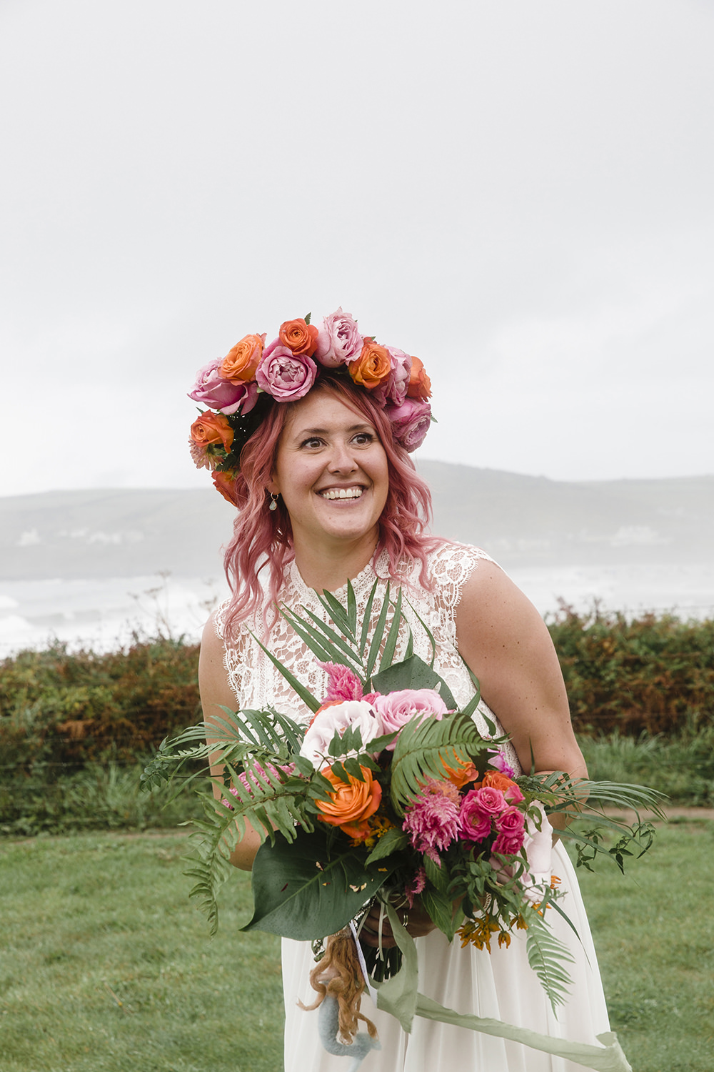 Bouquet Flowers Bride Bridal Pink Orange Rose Peony Flower Crown Tiki Wedding AW Wedding Photography
