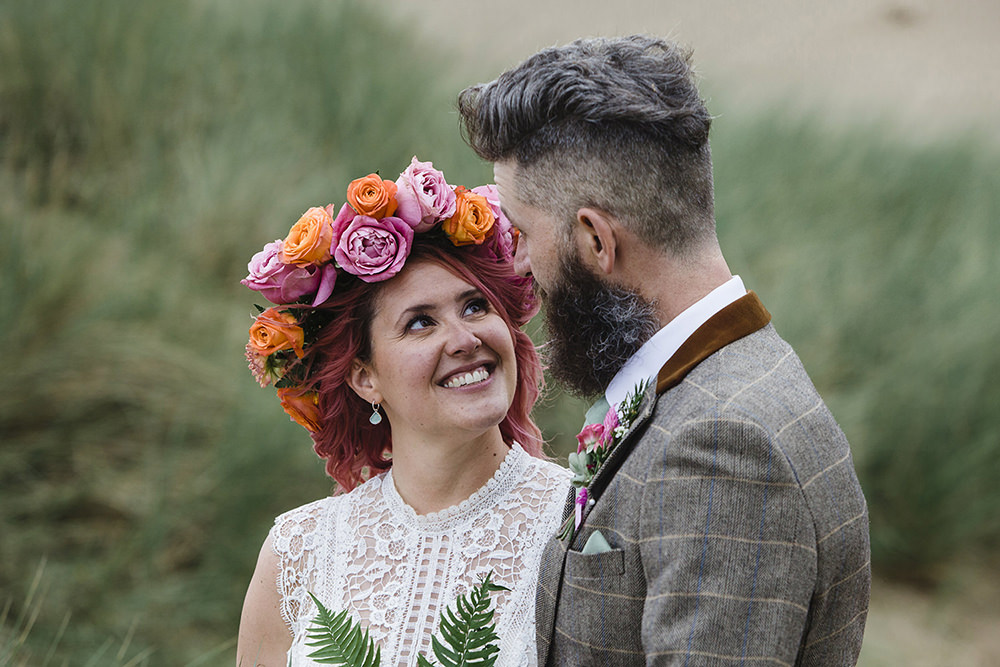 Bride Bridal Flower Crown Pink Hair Tiki Wedding AW Wedding Photography