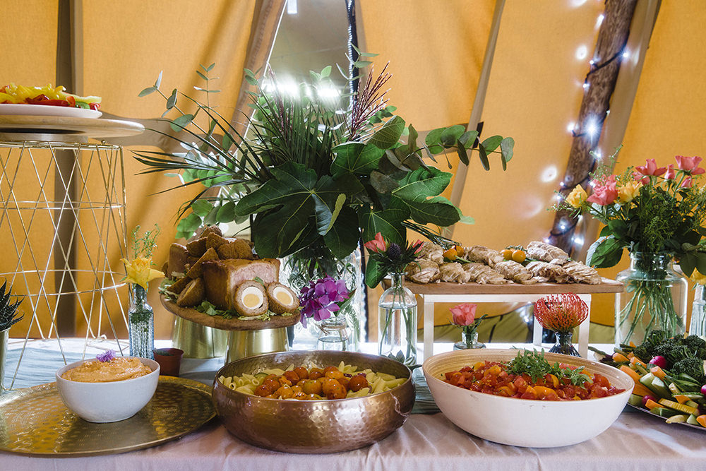 Buffet Food Table Tiki Wedding AW Wedding Photography