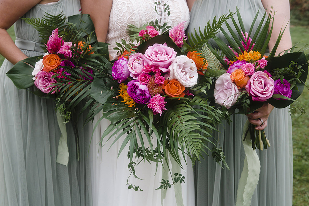 Bouquet Flowers Bride Bridal Pink Orange Rose Peony Bridesmaids Tiki Wedding AW Wedding Photography
