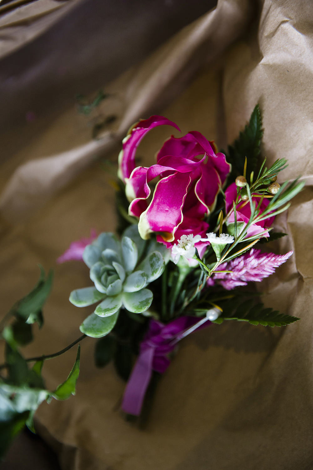 Buttonhole Flowers Succulent Pink Tiki Wedding AW Wedding Photography
