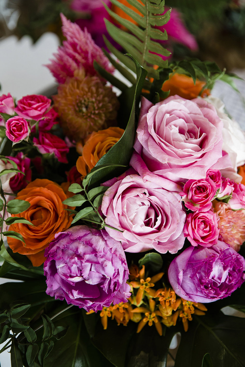 Bouquet Flowers Bride Bridal Pink Orange Rose Peony Tiki Wedding AW Wedding Photography
