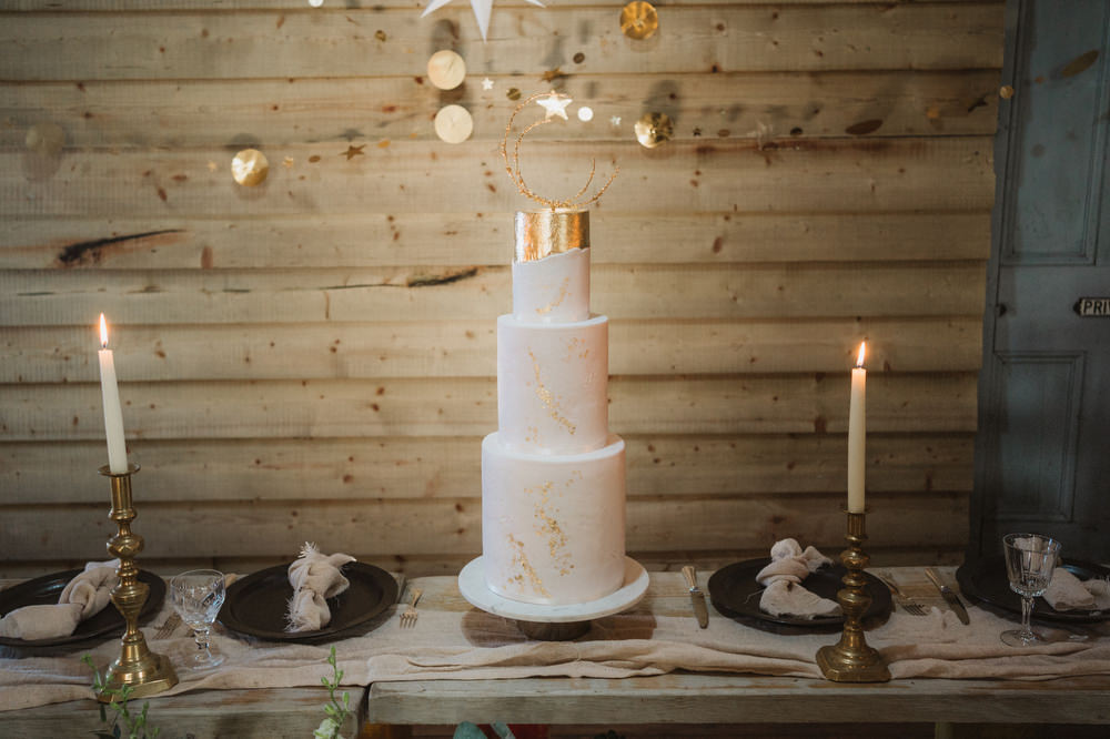 Three Tier Ivory Gold Cake Topper Scandi Upthorpe Wood Wedding Emily Tyler Photography