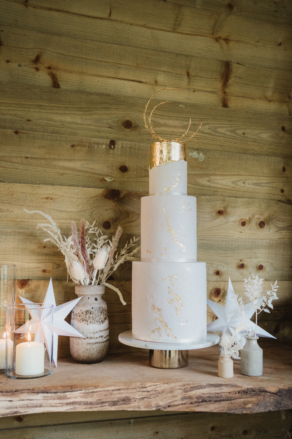 Three Tier Ivory Gold Cake Topper Scandi Upthorpe Wood Wedding Emily Tyler Photography