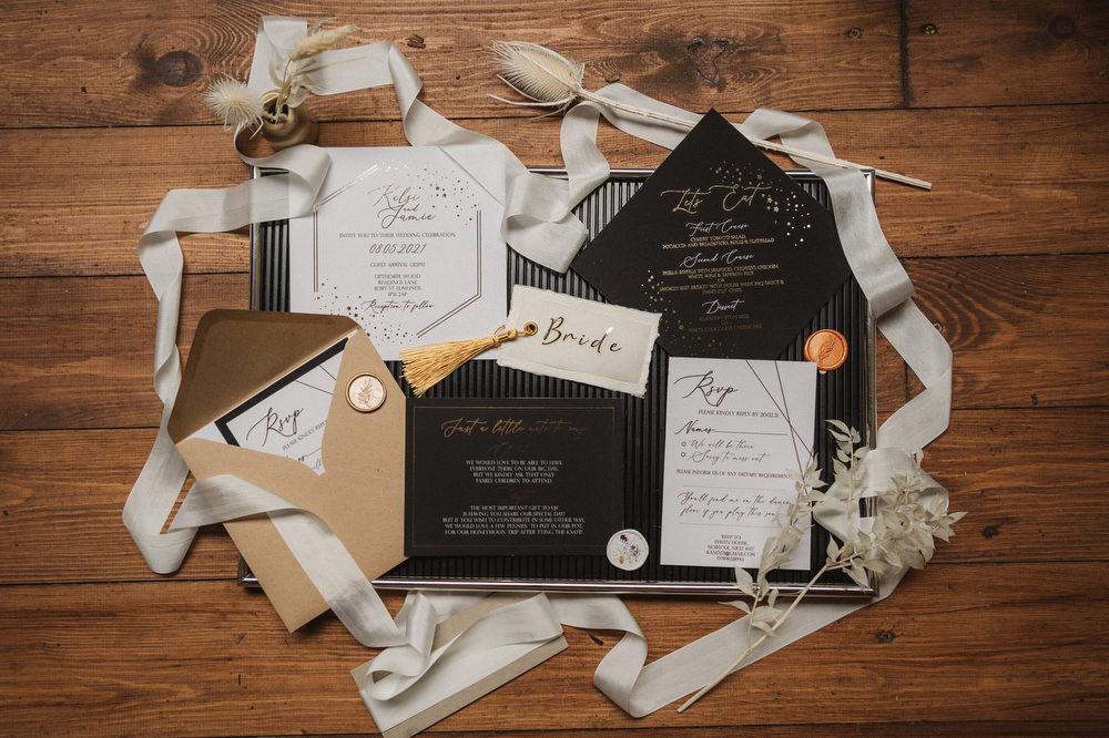 Stationery Invite Invitation Black Gold Wax Seal Tassel Upthorpe Wood Wedding Emily Tyler Photography