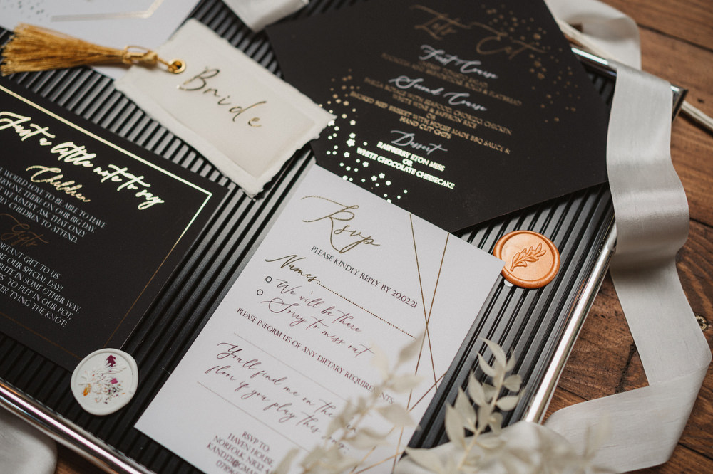 Stationery Invite Invitation Black Gold Wax Seal Tassel Upthorpe Wood Wedding Emily Tyler Photography
