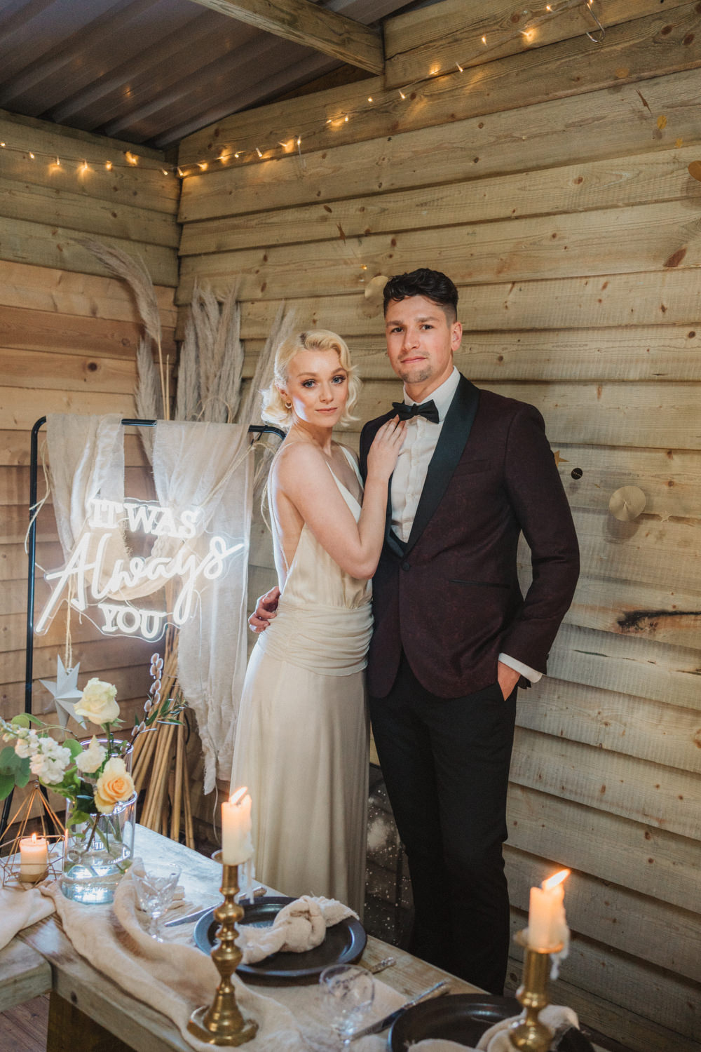 Neon Sign Backdrop Light Frame Upthorpe Wood Wedding Emily Tyler Photography