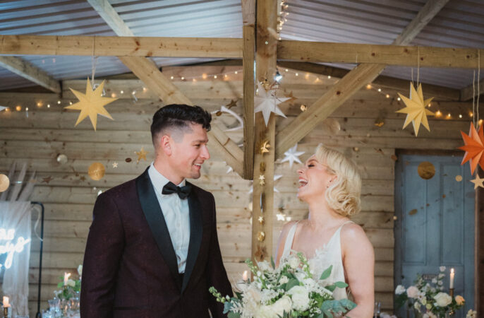 Upthorpe Wood Wedding Emily Tyler Photography Log Cabin Barn Decor Stars Cosy Scandi Wooden Tables Greenery