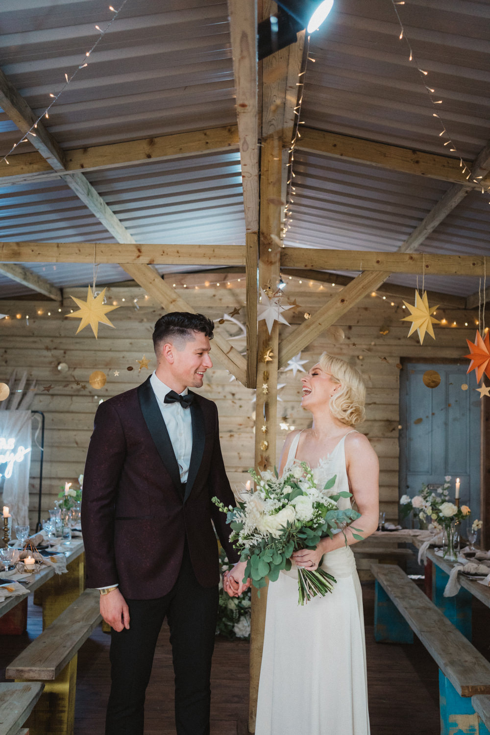 Upthorpe Wood Wedding Emily Tyler Photography Log Cabin Barn Decor Stars Cosy Scandi Wooden Tables Greenery