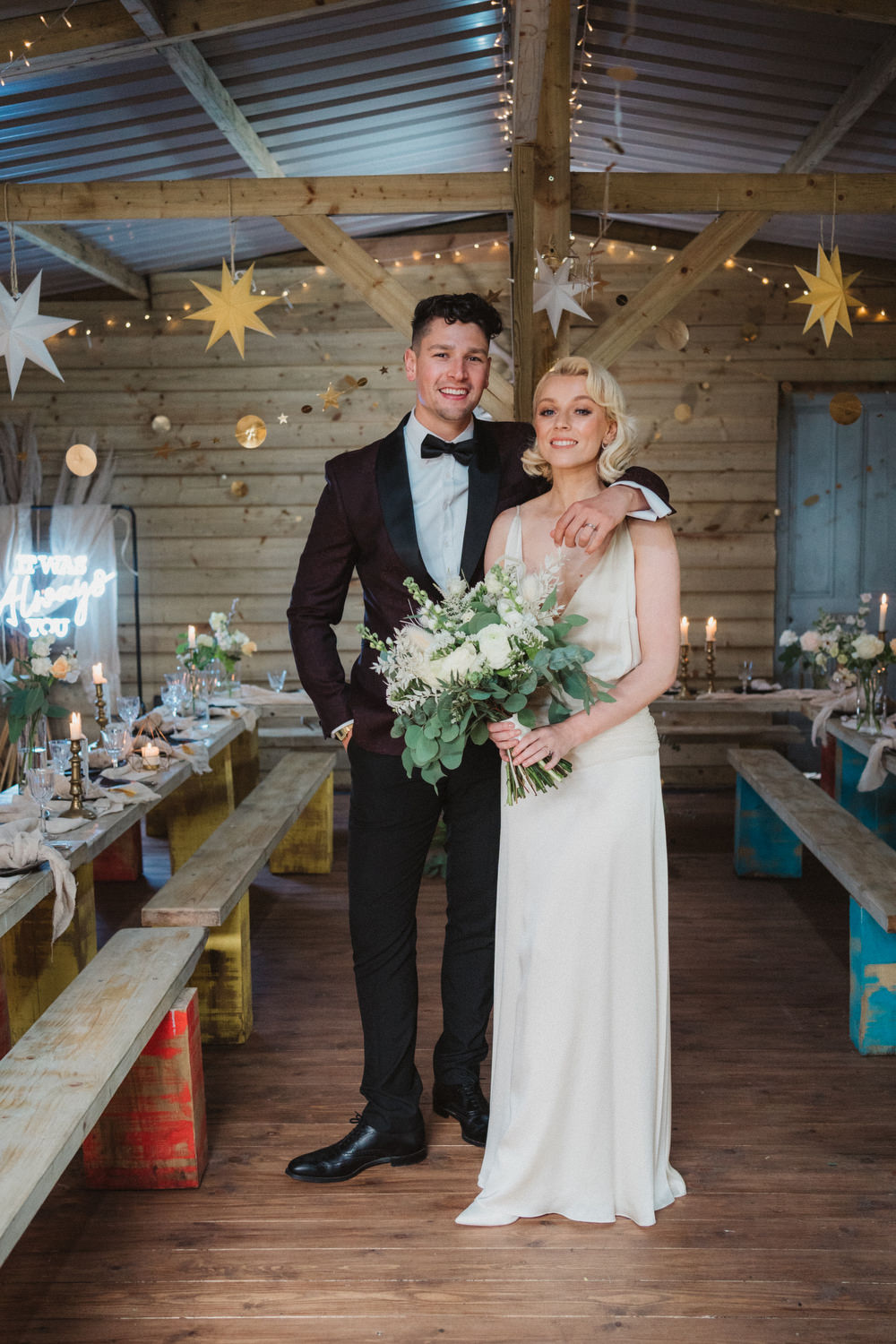 Upthorpe Wood Wedding Emily Tyler Photography Log Cabin Barn Decor Stars Cosy Scandi Wooden Tables Greenery
