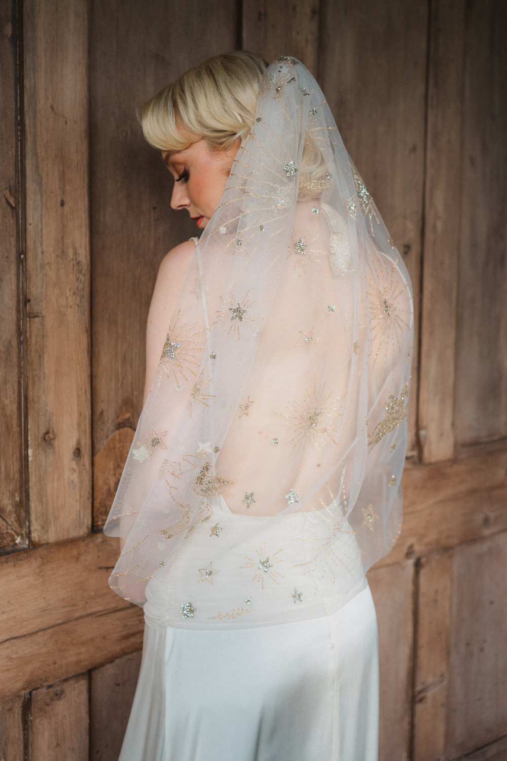Bride Bridal Veil Starry Stars Gold Upthorpe Wood Wedding Emily Tyler Photography