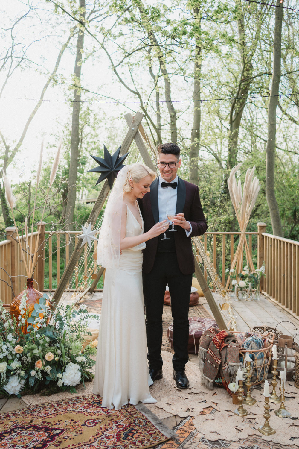 Upthorpe Wood Wedding Emily Tyler Photography Naked Tipi Outdoor Decor Fairy Lights Flowers Rugs