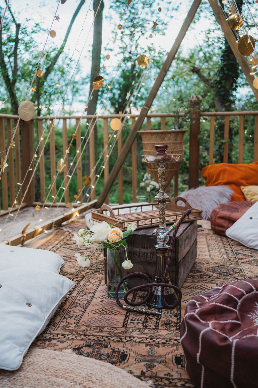 Naked Tipi Outdoor Decor Fairy Lights Flowers Rugs Upthorpe Wood Wedding Emily Tyler Photography