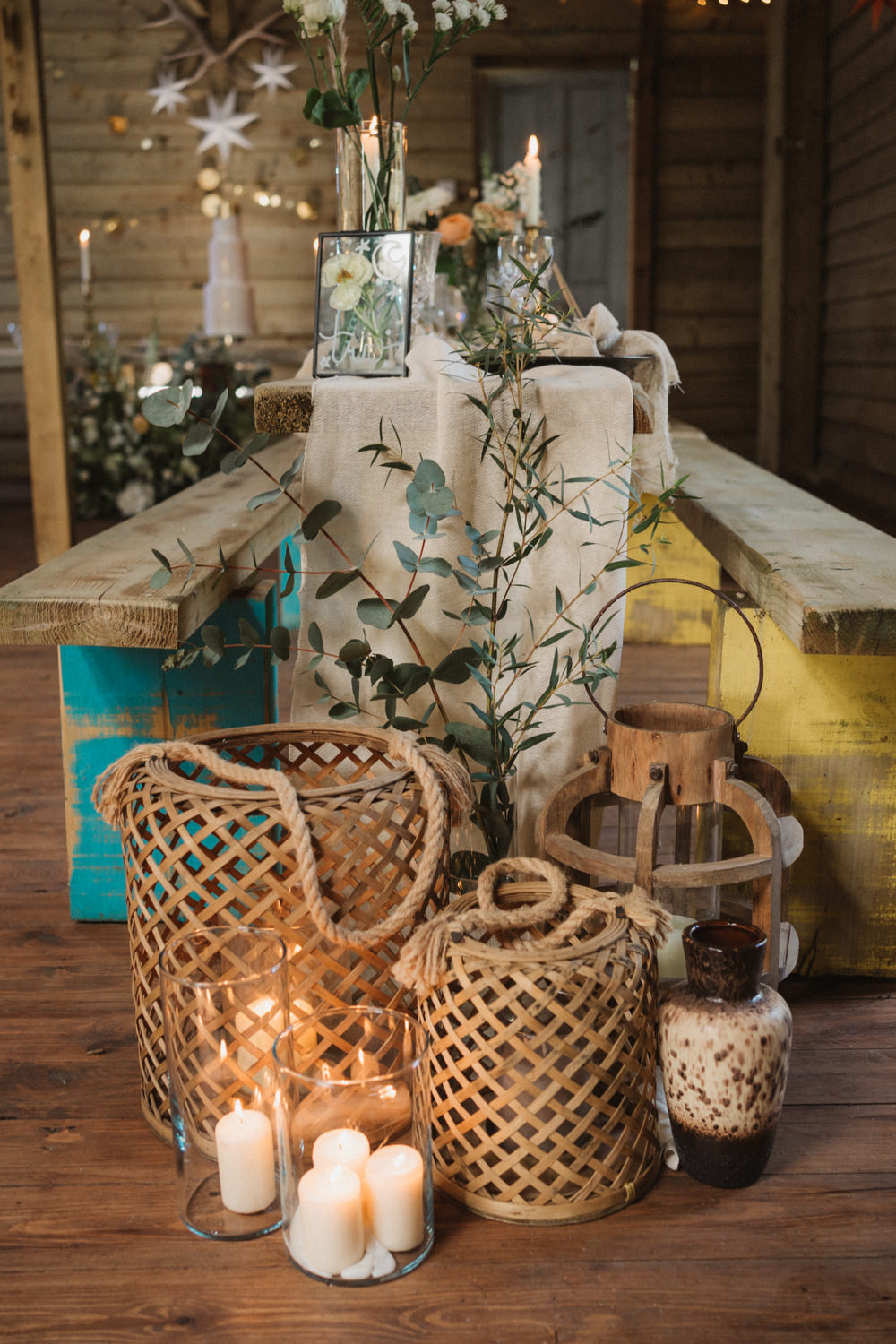 Basket Greenery Candles Decor Upthorpe Wood Wedding Emily Tyler Photography
