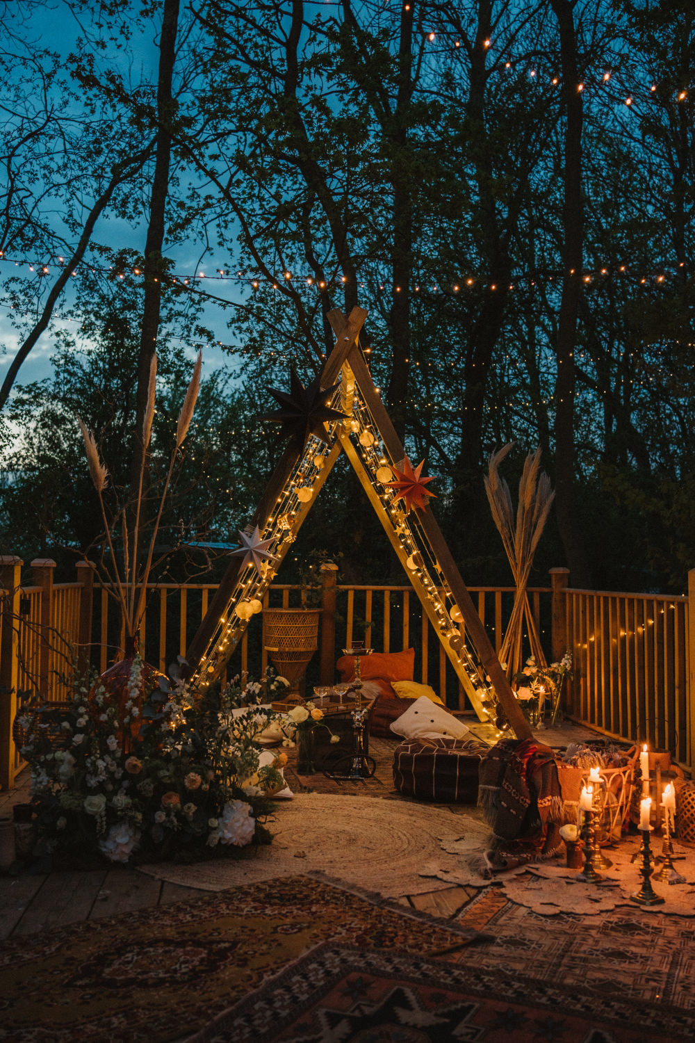 Naked Tipi Outdoor Decor Fairy Lights Flowers Rugs Upthorpe Wood Wedding Emily Tyler Photography