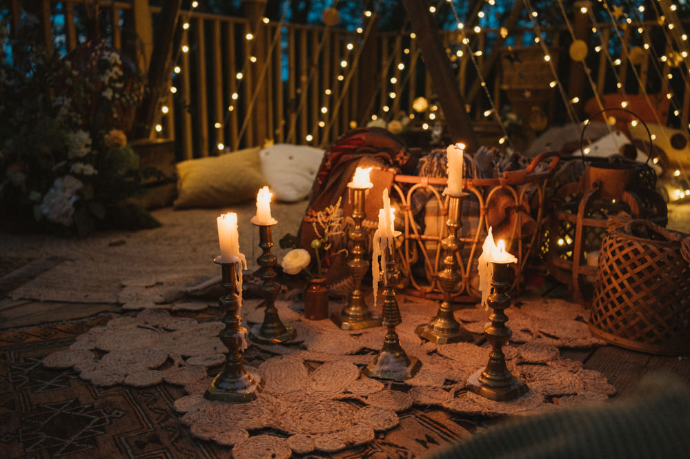 Naked Tipi Outdoor Decor Fairy Lights Flowers Rugs Upthorpe Wood Wedding Emily Tyler Photography