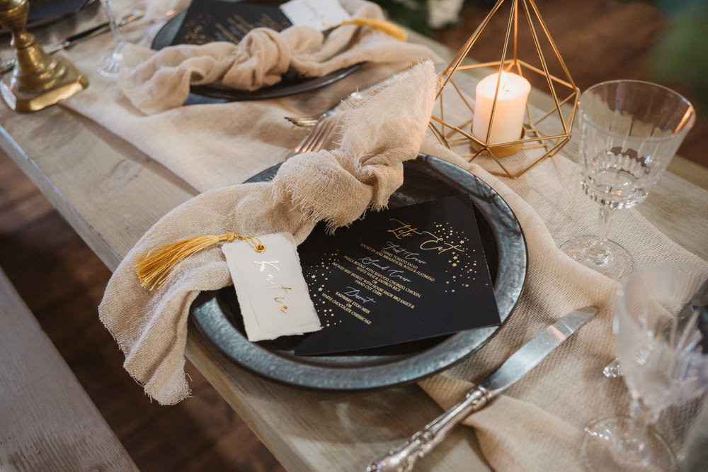 Place Setting Decor Linen Napkin Black Menu Upthorpe Wood Wedding Emily Tyler Photography