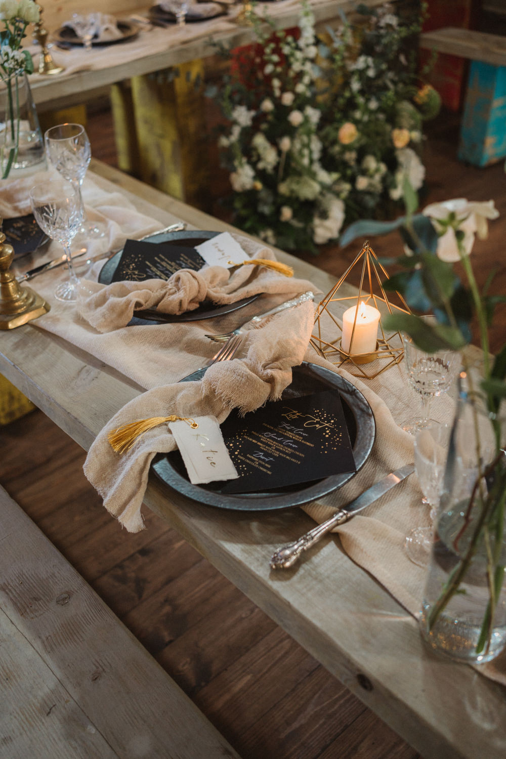 Place Setting Decor Linen Napkin Black Menu Upthorpe Wood Wedding Emily Tyler Photography