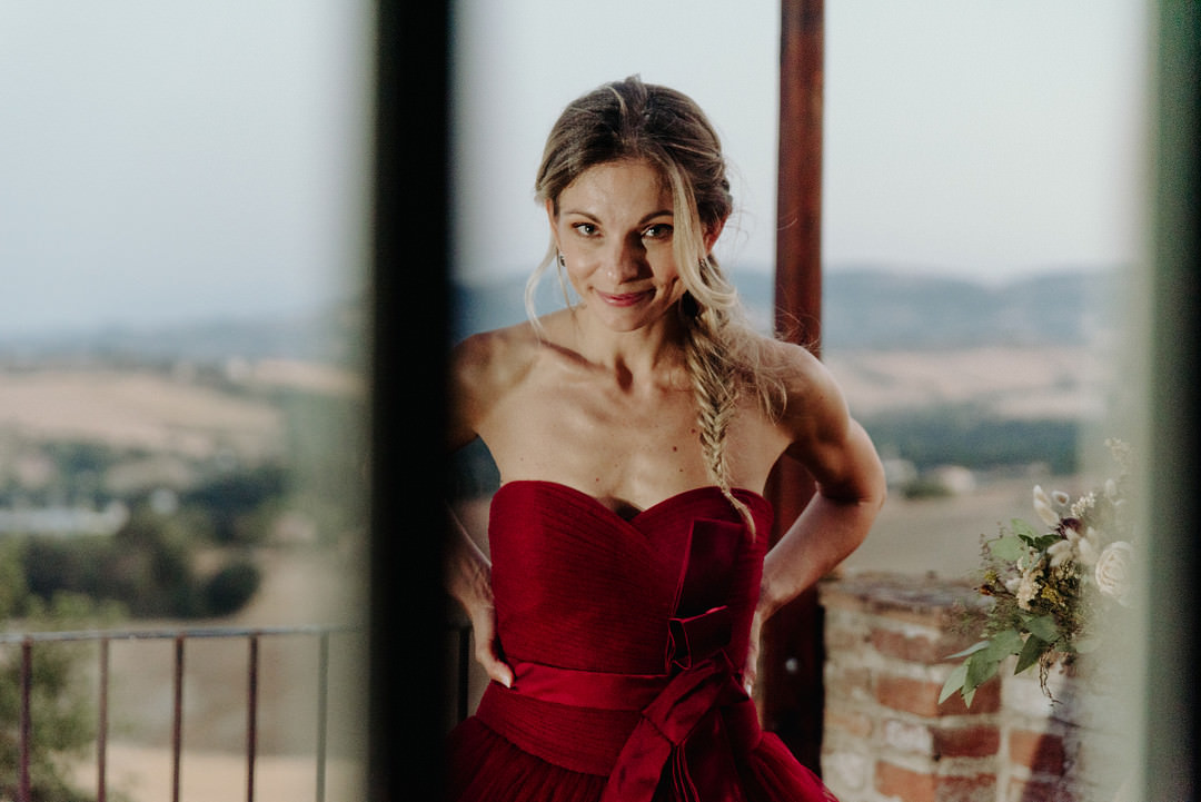 Dress Gown Bride Bridal Red Vineyard Wedding Italy Claudia Santi Photography