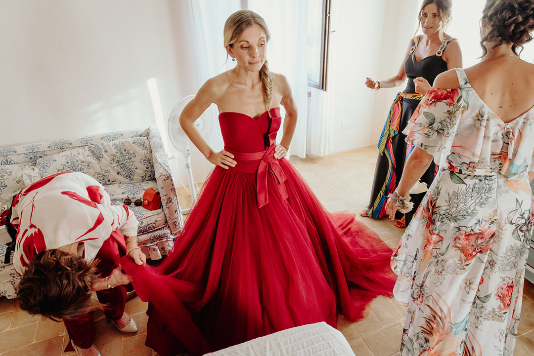 Dress Gown Bride Bridal Red Vineyard Wedding Italy Claudia Santi Photography