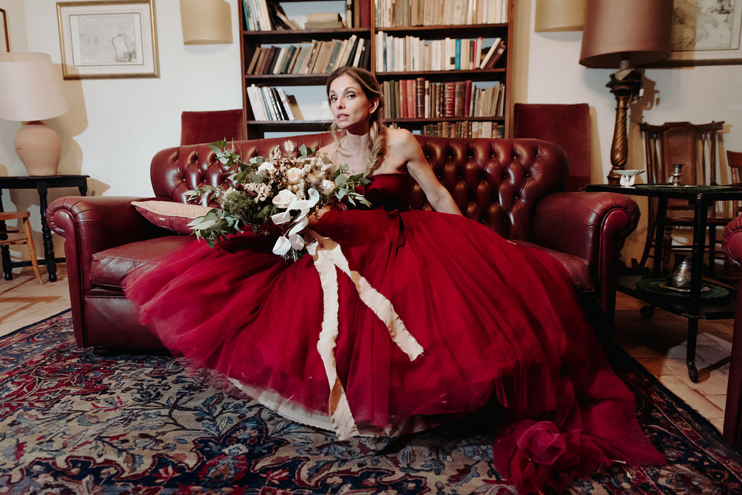 Dress Gown Bride Bridal Red Vineyard Wedding Italy Claudia Santi Photography