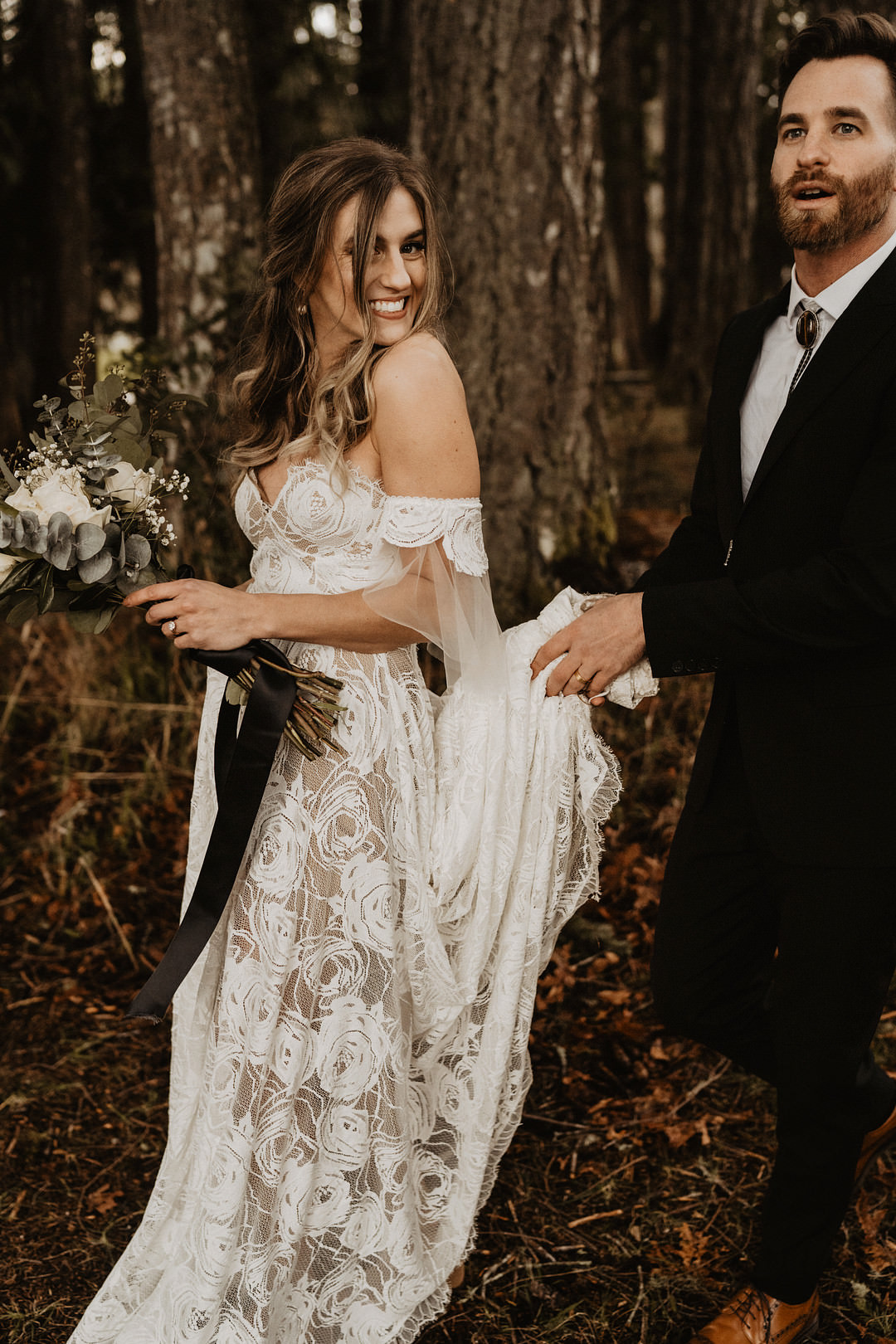 Dress Gown Bride Bridal Lace Boho Grace Loves Lace Washington Lakeside Wedding Claudia Noelle Photography
