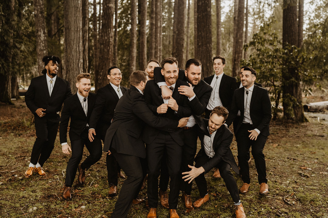 Groom Groomsmen Black Suit Tan Shoes Washington Lakeside Wedding Claudia Noelle Photography