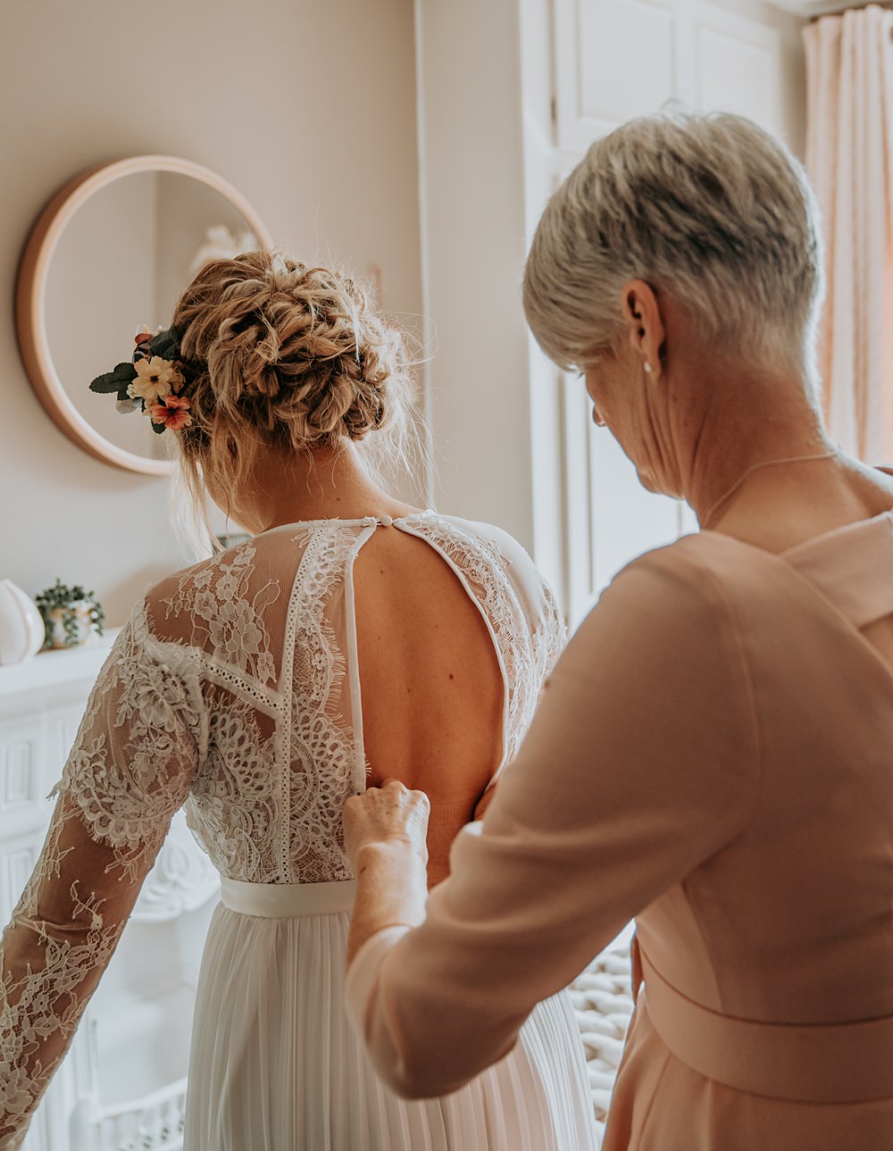 Dress Gown Bride Bridal Lace Keyhole Back Sleeves Boho Whimsical Wonderland Wedding Amber Louise Photography