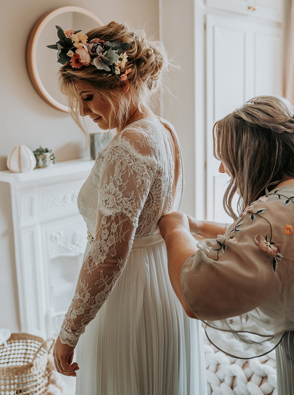 Dress Gown Bride Bridal Lace Keyhole Back Sleeves Boho Whimsical Wonderland Wedding Amber Louise Photography