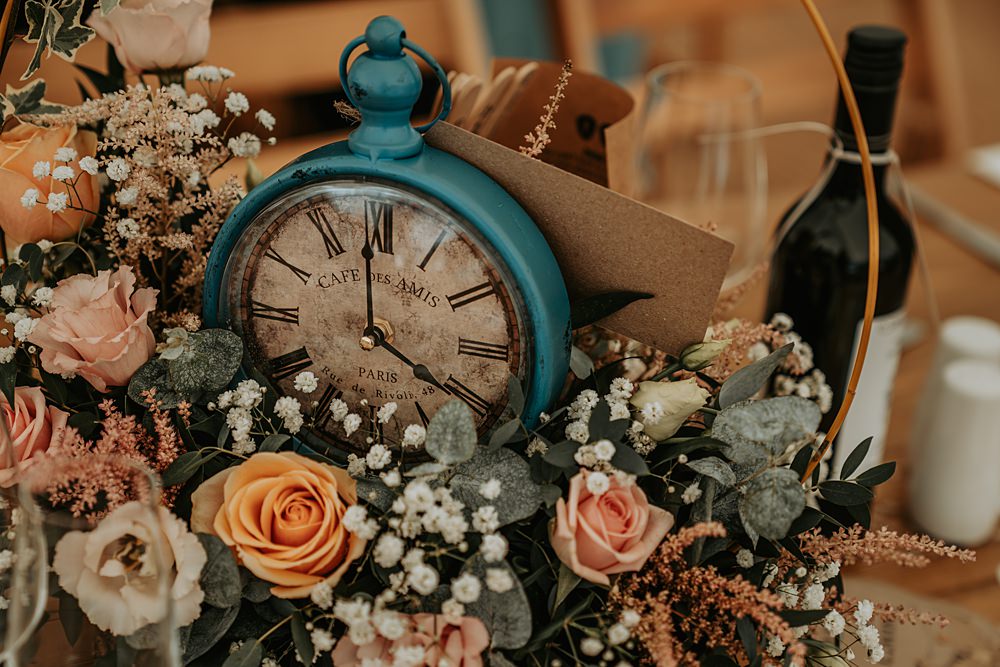 Table Centrepiece Decor Flowers Clock Alice in Wonderland Whimsical Wonderland Wedding Amber Louise Photography
