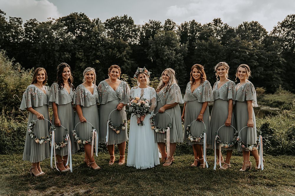 Sage Green Bridesmaids Dress Dresses Tea Length Hoop Bouquets Whimsical Wonderland Wedding Amber Louise Photography
