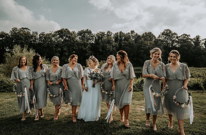 Sage Green Bridesmaids Dress Dresses Tea Length Hoop Bouquets Whimsical Wonderland Wedding Amber Louise Photography