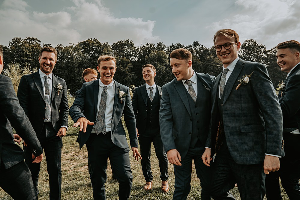 Groom Groomsmen Suit Navy Check Pattern Tie Tan Shoes Whimsical Wonderland Wedding Amber Louise Photography