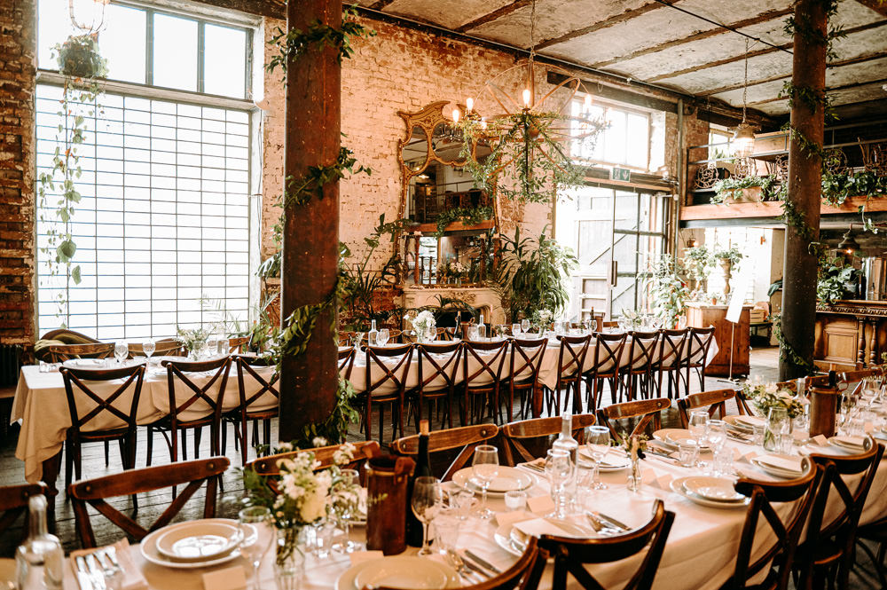 Rustic Wooden Long Table Greenery White Flowers Decor Bethnal Green Wedding Andrew Brannan Photography