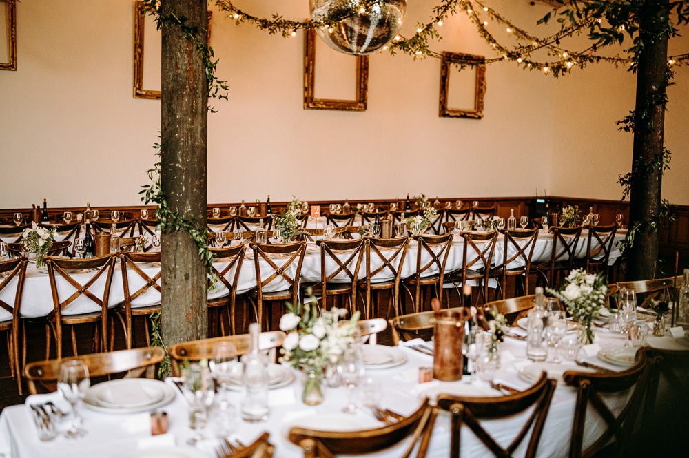 Rustic Wooden Long Table Greenery White Flowers Decor Bethnal Green Wedding Andrew Brannan Photography
