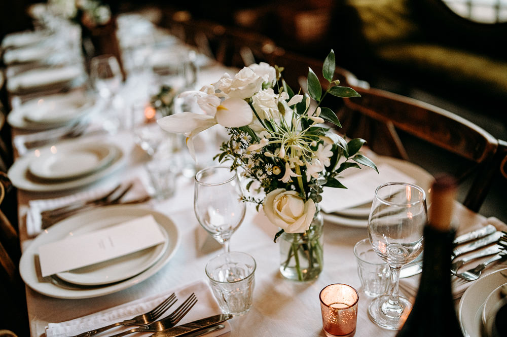 Table Centrepiece Flowers Vase White Flowers Bethnal Green Wedding Andrew Brannan Photography
