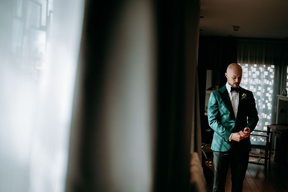 Groom Green Suit Black Bow Tie Buttonhole Flowers Bethnal Green Wedding Andrew Brannan Photography