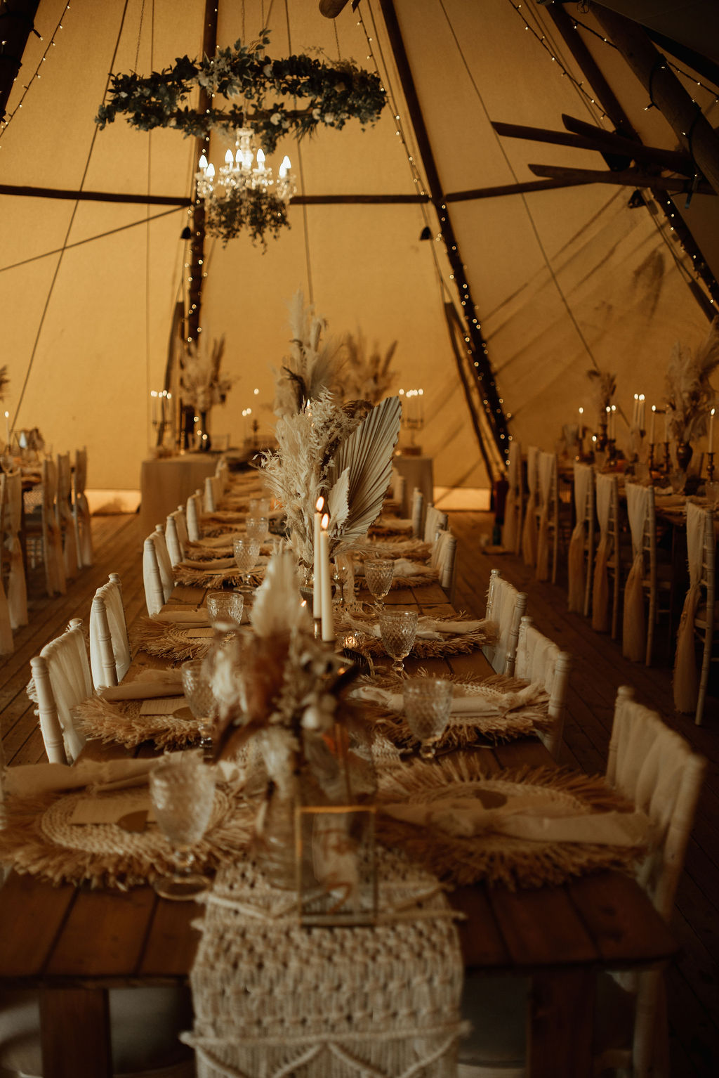 Long Wooden Tables Dried Flowers Pampas Grass Candles Macrame Runner Place Mats Boho Tipi Wedding Ideas Sara Ribera Photography
