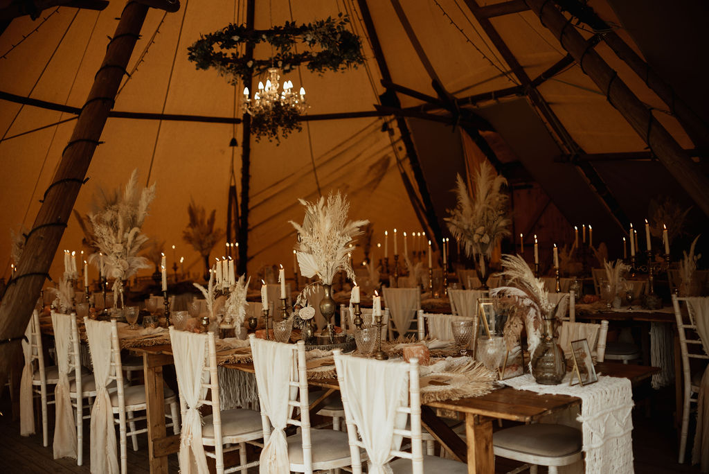 Long Wooden Tables Dried Flowers Pampas Grass Candles Macrame Runner Place Mats Boho Tipi Wedding Ideas Sara Ribera Photography