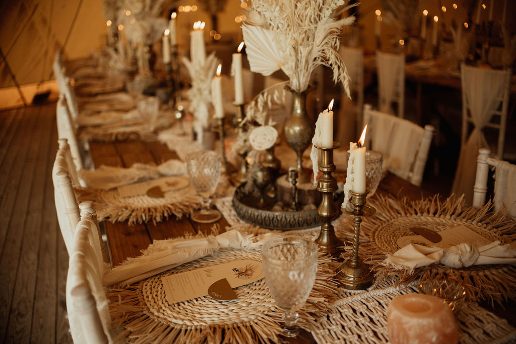 Long Wooden Tables Dried Flowers Pampas Grass Candles Macrame Runner Place Mats Boho Tipi Wedding Ideas Sara Ribera Photography