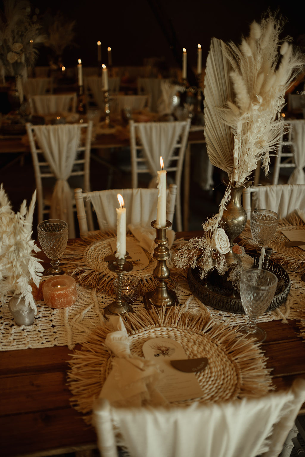 Long Wooden Tables Dried Flowers Pampas Grass Candles Macrame Runner Place Mats Boho Tipi Wedding Ideas Sara Ribera Photography