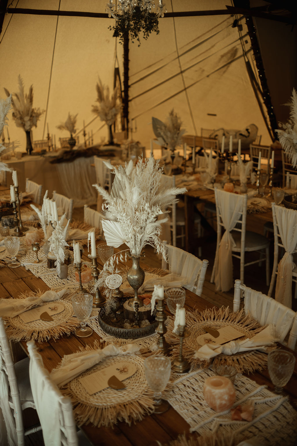 Long Wooden Tables Dried Flowers Pampas Grass Candles Macrame Runner Place Mats Boho Tipi Wedding Ideas Sara Ribera Photography