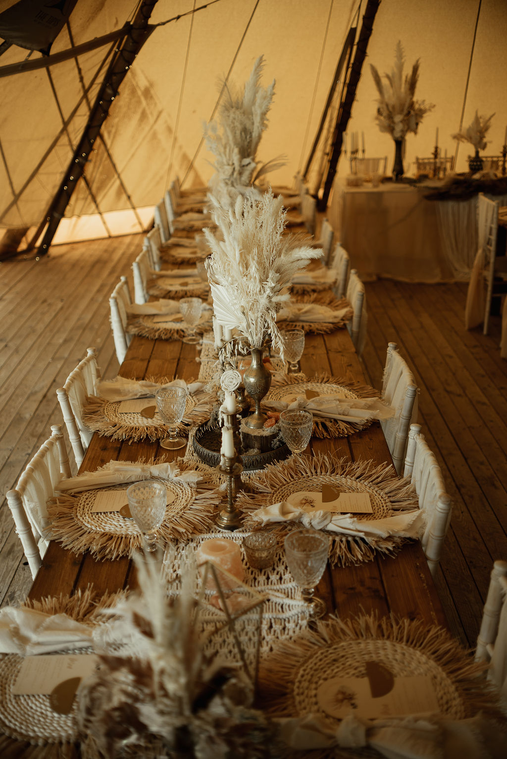 Long Wooden Tables Dried Flowers Pampas Grass Candles Macrame Runner Place Mats Boho Tipi Wedding Ideas Sara Ribera Photography