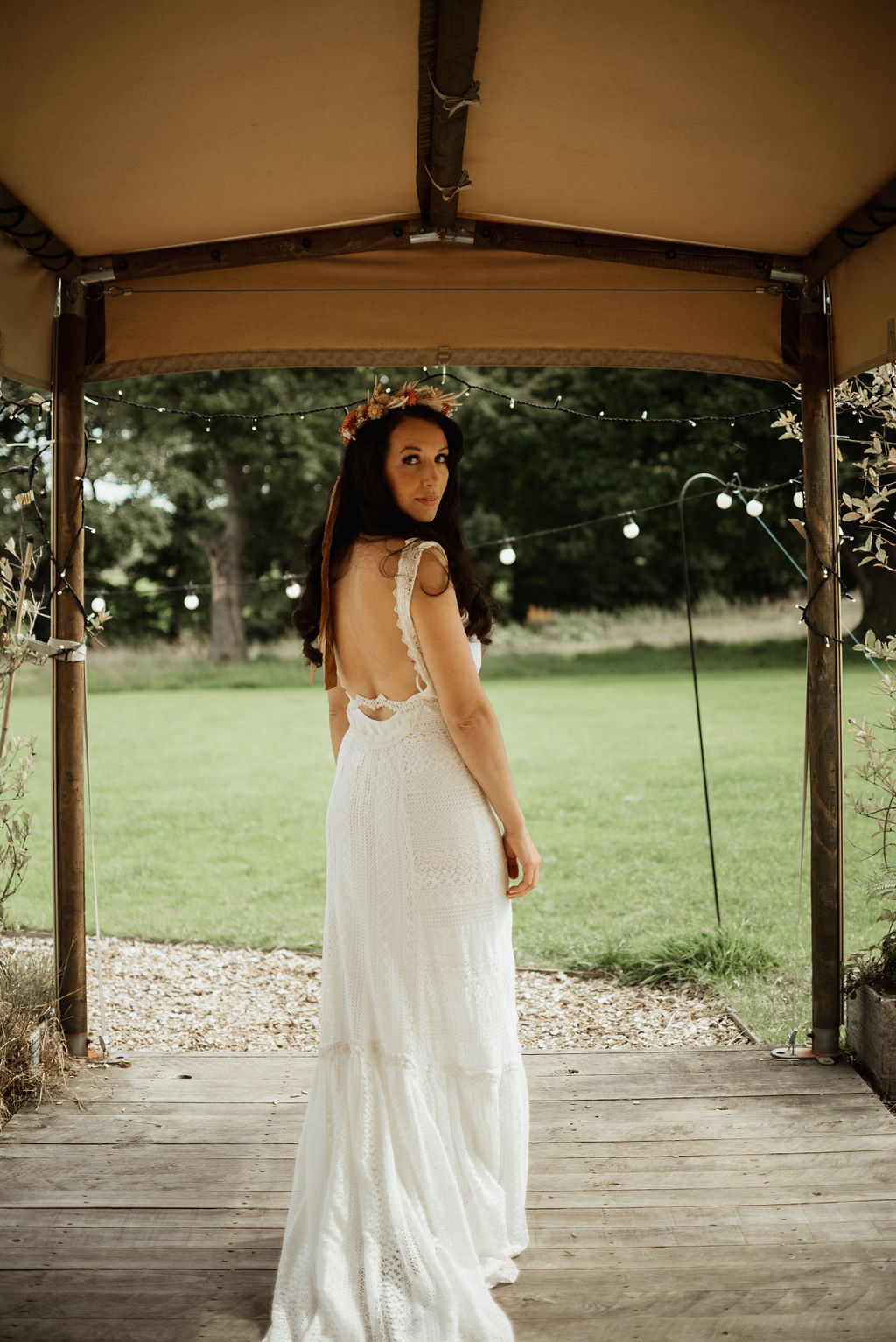 Dress Gown Bride Bridal Puddle Train Boho Tipi Wedding Ideas Sara Ribera Photography