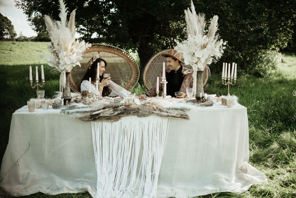 Outdoor Table White Fabric Macrame Pampas Grass Candles Boho Tipi Wedding Ideas Sara Ribera Photography