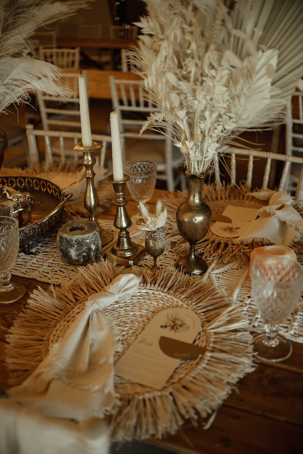 Long Wooden Tables Dried Flowers Pampas Grass Candles Macrame Runner Place Mats Place Setting Boho Tipi Wedding Ideas Sara Ribera Photography