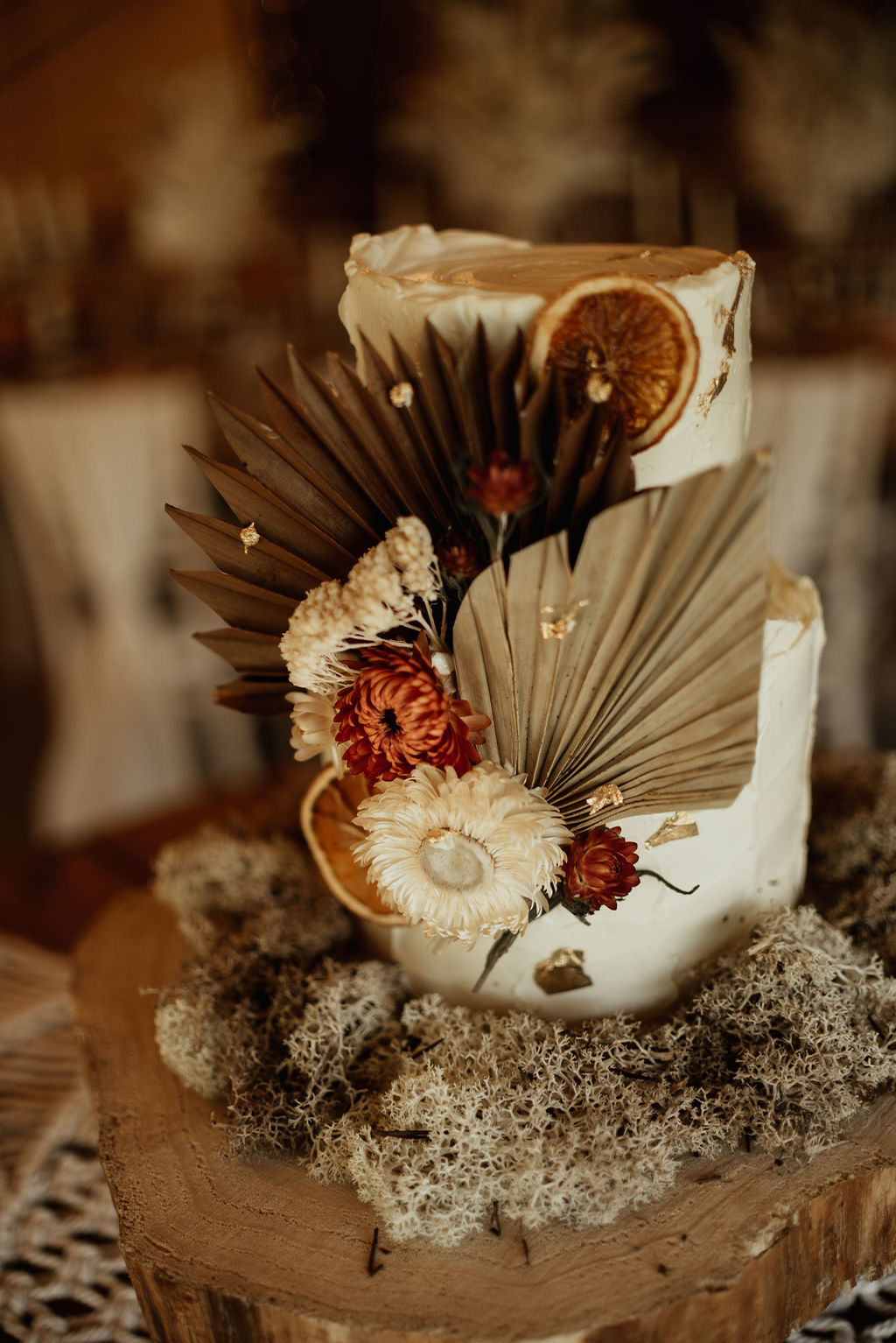 Two Tier Rustic Cake Dried Palm Leaf Flowers Log Slice Boho Tipi Wedding Ideas Sara Ribera Photography