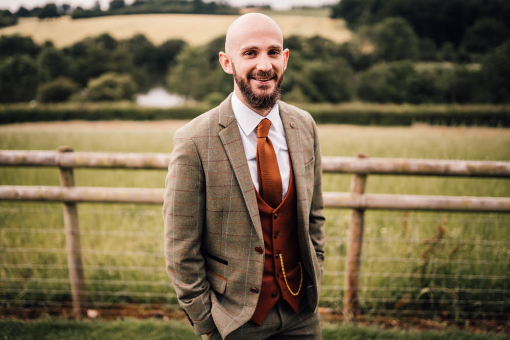 Groom Brown Tweed Suit Tan Tie Waistcoat Bridal Barn Wedding Bowl Of Corks